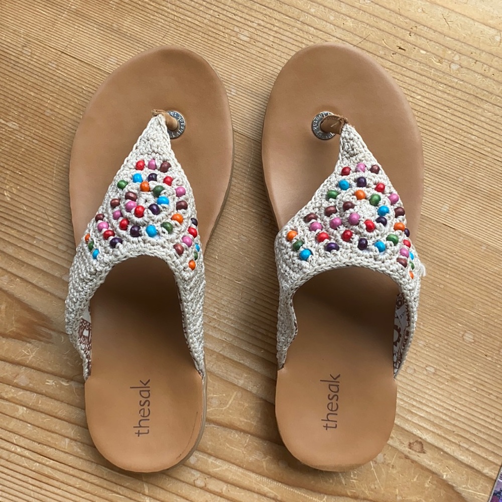 The Sak Cream Crochet Beaded Thong Sandals with Multicolor Embellishments - Picture 2 of 9